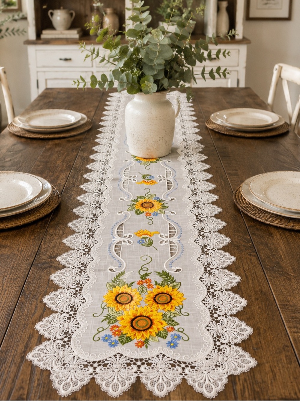 Sunflower Lace Table Runner - White and Yellow